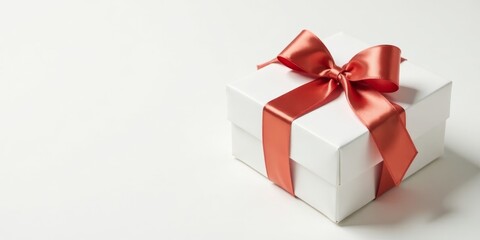 Obraz premium A pristine white gift box adorned with a vibrant coral ribbon, a perfect symbol of thoughtful presentation and celebratory gifting occasions.