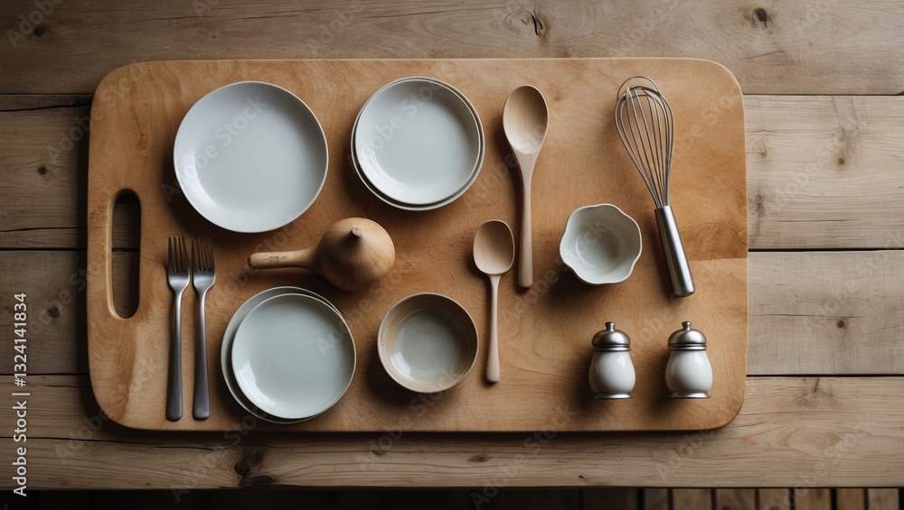 Poster setting a rustic dining table with simple kitchenware on a wooden surface