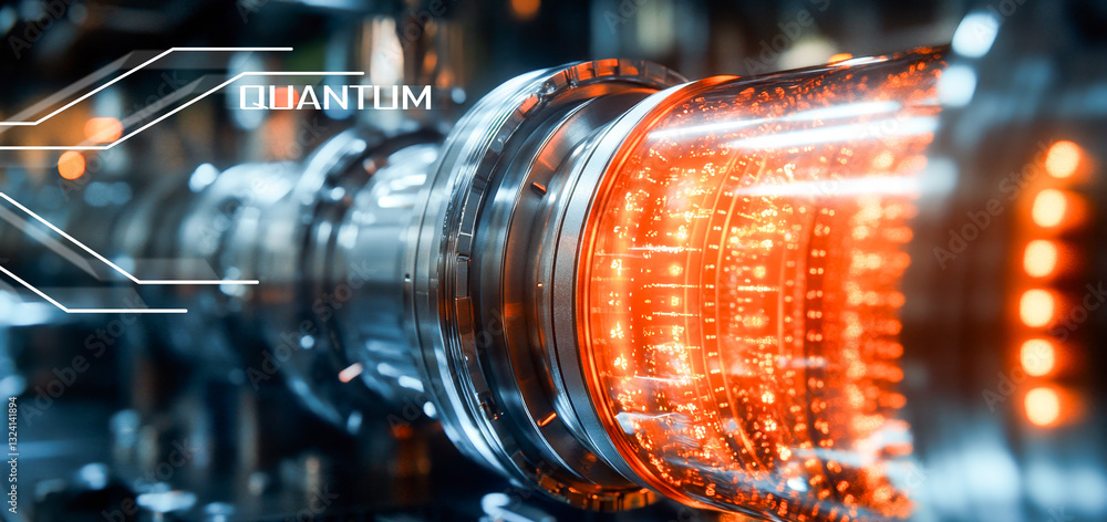 Poster Intricate components of a quantum computer are showcased, featuring vibrant orange lights signifying quantum activity. The setup reveals systems related to qubits and entanglement in action.