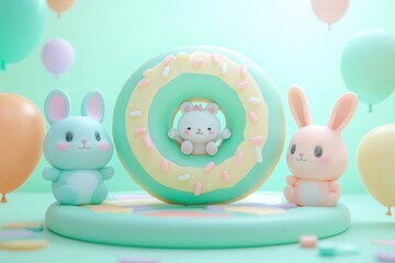 Two cute bunnies flank a pastel donut with a tiny bunny inside, surrounded by pastel balloons.