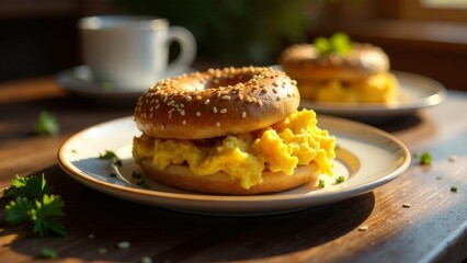 A delightful sesame bagel topped with fluffy scrambled eggs, garnished with fresh herbs, sits on a plate bathed in warm sunlight