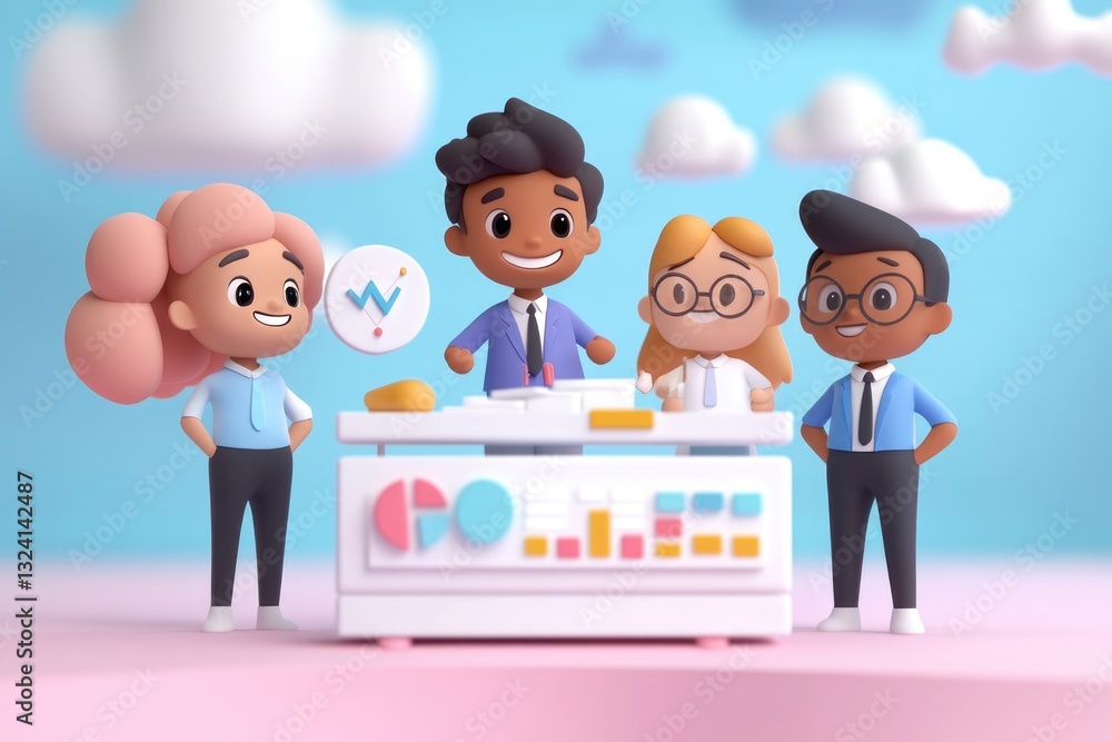 Poster a diverse team of 3d cartoon characters collaborates on a project, showcasing teamwork and data anal