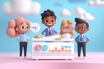 A diverse team of 3D cartoon characters collaborates on a project, showcasing teamwork and data analysis.