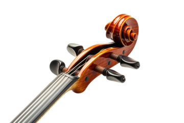 Artisan craftsmanship embodied in a close-up of an intricate violin scroll and tuning pegs isolated on transparent background