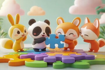 Adorable animal characters collaboratively solve a colorful jigsaw puzzle.