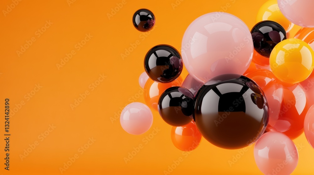Poster dynamic arrangement of glossy spheres in vibrant colors floating against a warm orange backdrop gene