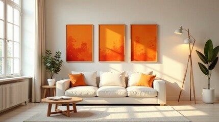 Modern living room interior design featuring a calming off-white sofa with orange throw pillows, complemented by three vibrant orange abstract artworks and a stylish floor lamp