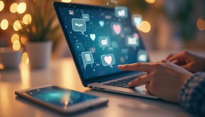 A hand gently taps on a laptop keyboard, surrounded by glowing icons of social media and communication, creating a vibrant digital atmosphere. The warm bokeh lights in the background and a small