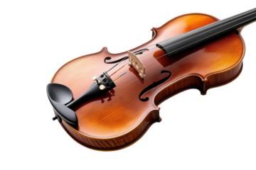 Crafted elegance shines in a beautifully polished violin resting on a white surface isolated on transparent background