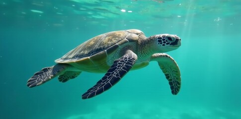 A graceful sea turtle glides effortlessly through the vibrant turquoise waters, sunlight filtering from above, illuminating its shell and fins.