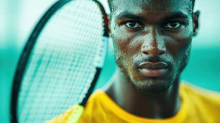 Intense Male Tennis Player with Raquet Focused on Game in Outdoor Sports Environment