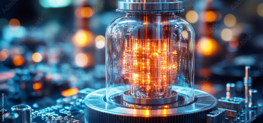 Leinwandbilder A detailed representation of a quantum computer with glowing qubits encased in transparent glass.