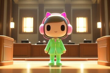 A cute cartoon girl in a green suit and cat ear headphones stands in a courtroom.