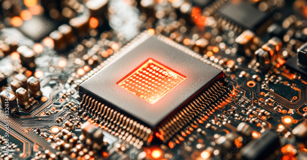 Poster Close-up view of a quantum computer chip surrounded by intricate circuits. The chip glows softly, highlighting its complexity. This technology represents advancements in quantum computing.