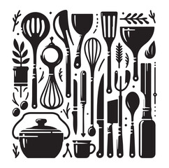 kitchen utensils set icon black silhouette vector on white background.