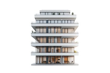 Modern architectural gem stands tall against a bright sky with reflective glass and lush greenery isolated on transparent background