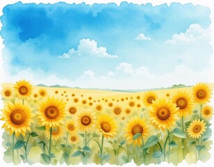 Soft and beautiful atmosphere of sunflowers and blue sky in summer, watercolor style