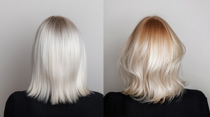 Naklejka premium A before-and-after transformation of a womanâ€™s hair after a fresh haircut and color treatment