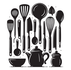 kitchen utensils set icon black silhouette vector on white background.