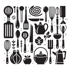 kitchen utensils set icon black silhouette vector on white background.