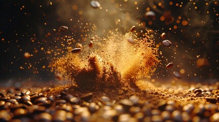 Shot of Ground Coffee and Fresh Beans Explosion Towards Camera