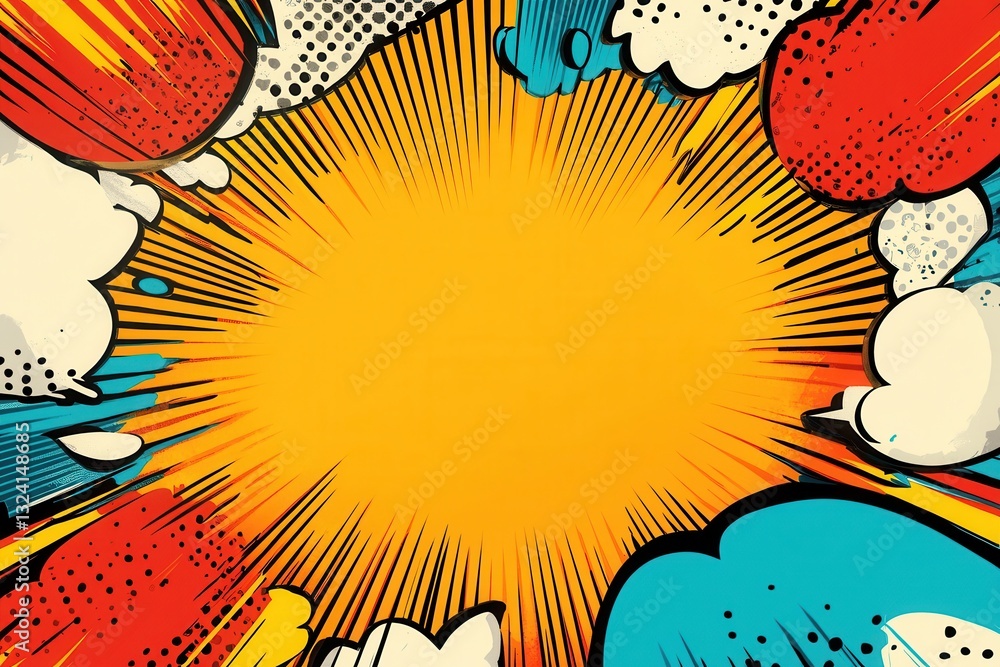Aufkleber vibrant comic book action background with dynamic lines and colorful speech bubbles for creative sto