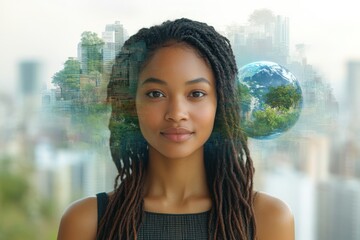 Young Woman and Global Cityscape Double Exposure Sustainability and Urban Living