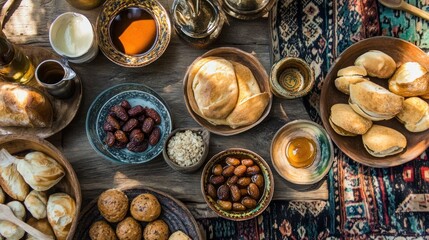 Overhead shot of a lavish traditional Eid breakfast spread with Middle Eastern foods