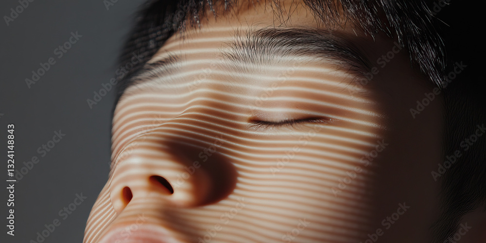 Poster close-up of face with projected linear light pattern