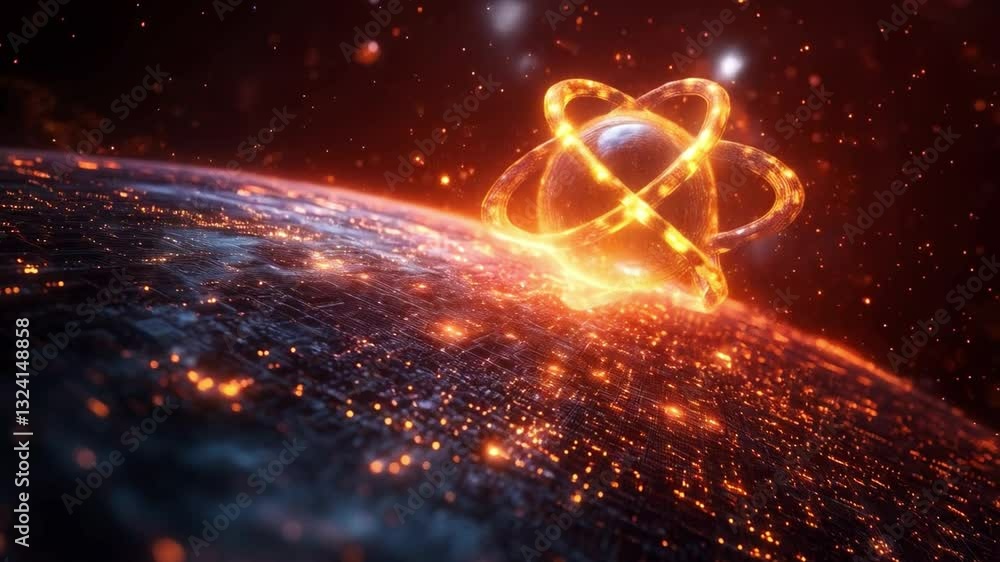 Poster A visualization depicts quantum computing, showing qubits in superposition and entanglement above a digital Earth, emphasizing their potential impact on technology.