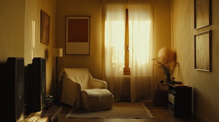 A cozy living room with a cream-colored wall, an armchair, and warm-toned decor.
