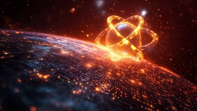 A visualization depicts quantum computing, showing qubits in superposition and entanglement above a digital Earth, emphasizing their potential impact on technology.