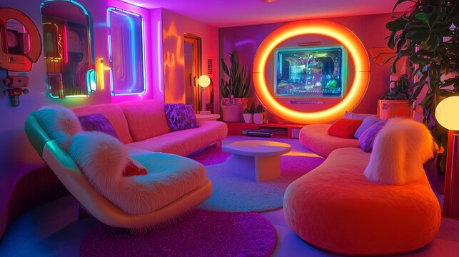 Retro-futuristic living room blending 70s-style furniture, neon lighting, and a holographic TV, creating a cozy atmosphere