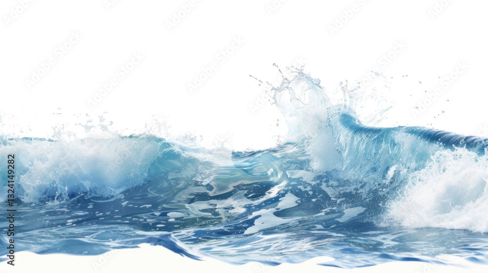 Poster breaking ocean wave with foam and splashes on transparent background