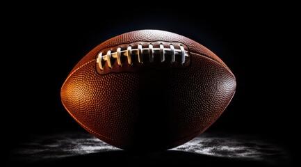 American football ball on black background illuminated by the