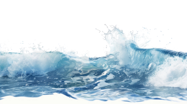 Breaking ocean wave with foam and splashes on transparent background