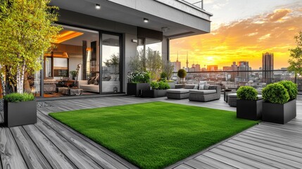 Obraz premium Breathtaking sunset view from a luxurious modern terrace or balcony with lush grass plants and contemporary outdoor furniture overlooking the cityscape