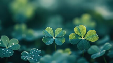 Four Lucky Leaves green clover leaves in the background. Close-up