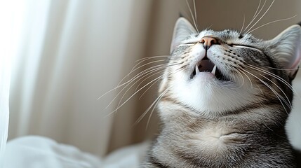 Grey cat yawns, sunlit window, home