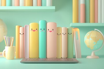 Cute cartoon books and stationery on a desk with a laptop and globe, symbolizing education and learning.