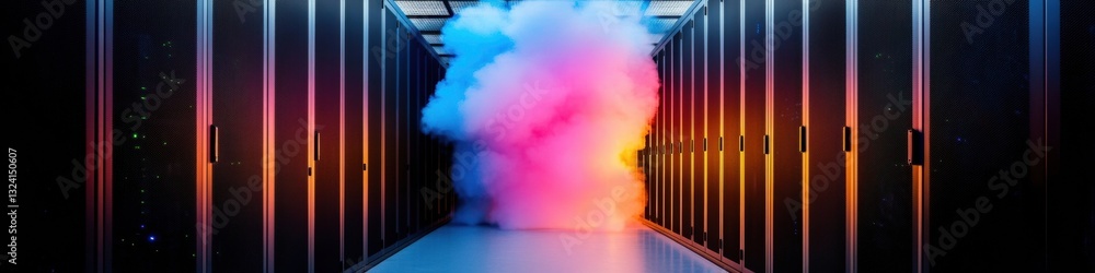 Poster Quantum Cloud Dynamics Futuristic Data Center Visualization with Holographic Color Gradient - Next-Gen Enterprise Computing Infrastructure for Digital Transformation