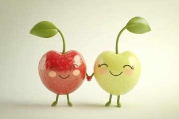Two cute cartoon cherries holding hands, smiling happily against a light background.