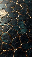 Abstract Dark tiles with golden seams, creating cracked effect with depth