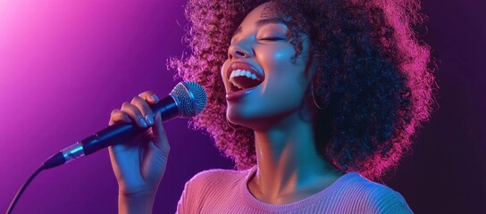 A joyful Black woman passionately singing into a microphone, illuminated by vibrant purple and pink lights, showcasing her curly hair and expressive emotions
