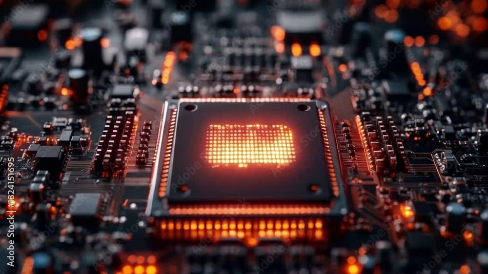 Leinwandbilder Quantum circuit boards glow with orange lights, highlighting qubits in superposition and the complex design of quantum gates for advanced calculations.