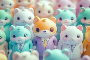 A group of adorable pastel-colored animal figurines in suits, one orange one standing out.