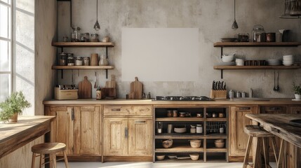 A cozy country kitchen with a blank wall mock-up, reclaimed wood cabinets, and vintage farmhouse decor