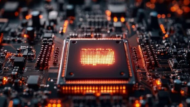 Quantum circuit boards glow with orange lights, highlighting qubits in superposition and the complex design of quantum gates for advanced calculations.
