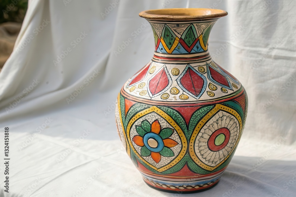 Poster colorful handcrafted ceramic vase with intricate patterns on white backdrop generative ai