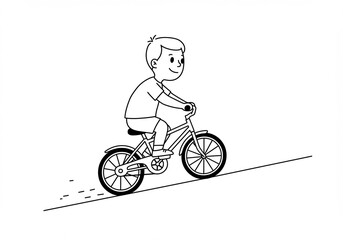 Happy Boy Rides Bike Downhill Simple Line Art. AI Generated